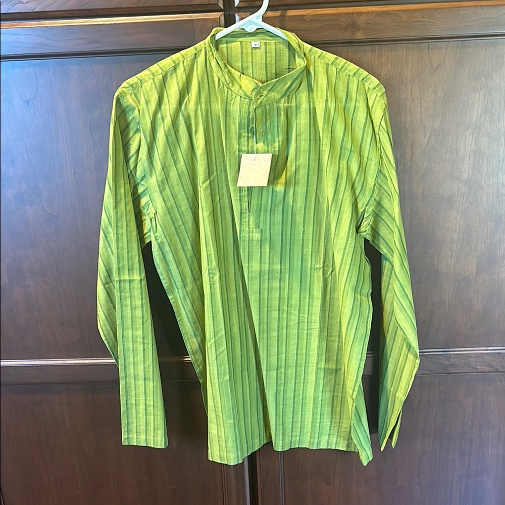 Seasons brand Vibrant Green Casual Button Down Kurta Shirt with striped Pattern